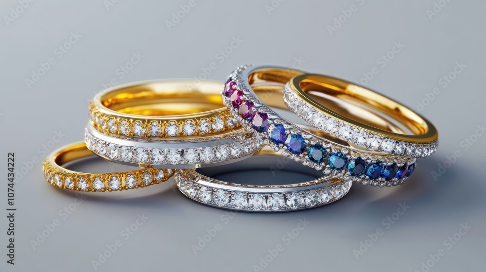 A collection of elegant rings featuring diamonds and colorful gemstones. A collection of elegant rings featuring diamonds and colorful gemstones.