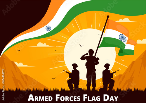 Indian Armed Forces Flag Day Vector Illustration featuring the Indian Army and Waving Flags in a National Holiday in a Flat Cartoon Style Background