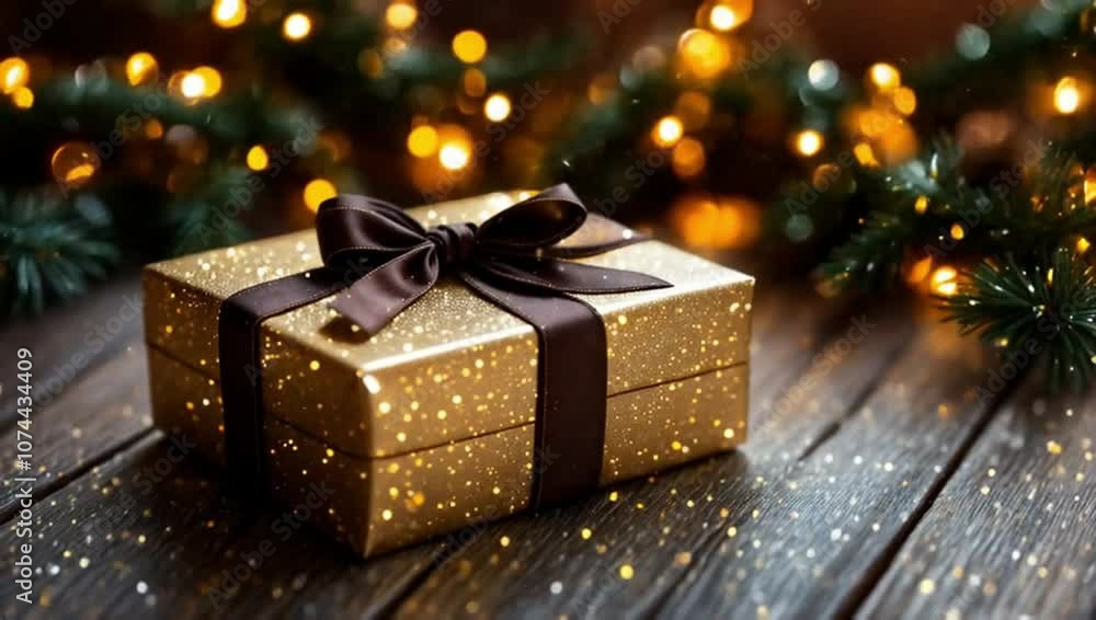 Christmas gift in a golden glitter package on a wooden floor, the lights of a Christmas garland flicker in the background. Boxing Day. Motion animation. Christmas gift in a golden glitter package on a wooden floor, the lights of a Christmas garland flicker in the background. Boxing Day. Motion animation.