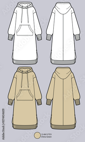 flat drawing of long hoodie with side slit and kangaroo pocket