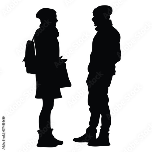 a university student are talking each other wearing winter clothes vector silhouette