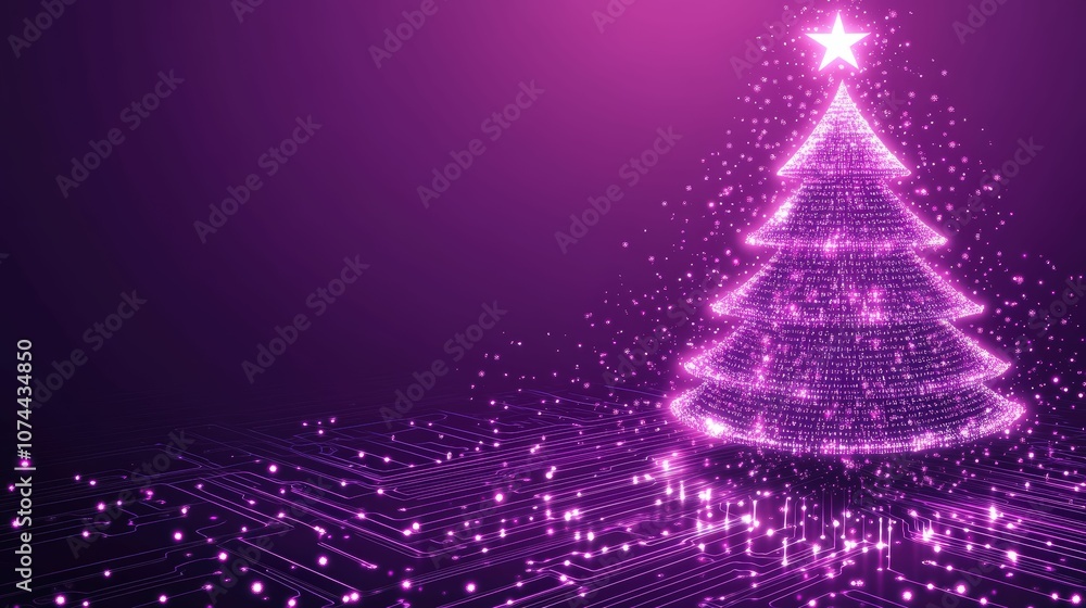 Sparkling Christmas Tree with Bright Star and Digital Light Effects Against a Purple Background for Festive Holiday Celebrations and Seasonal Design Projects Sparkling Christmas Tree with Bright Star and Digital Light Effects Against a Purple Background for Festive Holiday Celebrations and Seasonal Design Projects