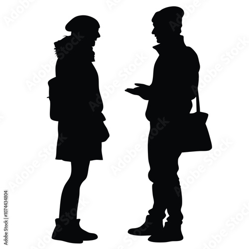 a university student are talking each other wearing winter clothes vector silhouette