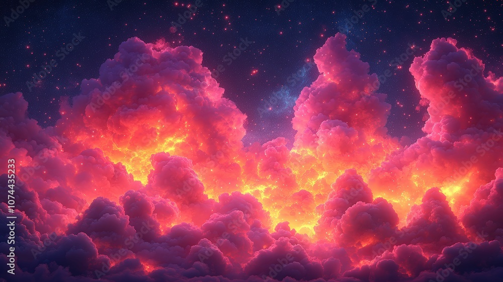 Ethereal Sunset Clouds with Vibrant Hues of Orange, Pink, and Purple Illuminating the Starry Night Sky in a Dreamlike Cosmic Landscape Ethereal Sunset Clouds with Vibrant Hues of Orange, Pink, and Purple Illuminating the Starry Night Sky in a Dreamlike Cosmic Landscape