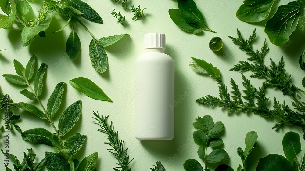 Natural vitamin bottle surrounded by fresh herbs and green leaves, placed on a smooth wood surface with soft light highlighting the product, isolated on a light green background with space for Natural vitamin bottle surrounded by fresh herbs and green leaves, placed on a smooth wood surface with soft light highlighting the product, isolated on a light green background with space for