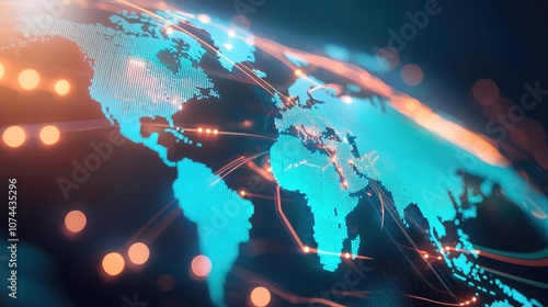 Digital world map with glowing network connections on dark background.
