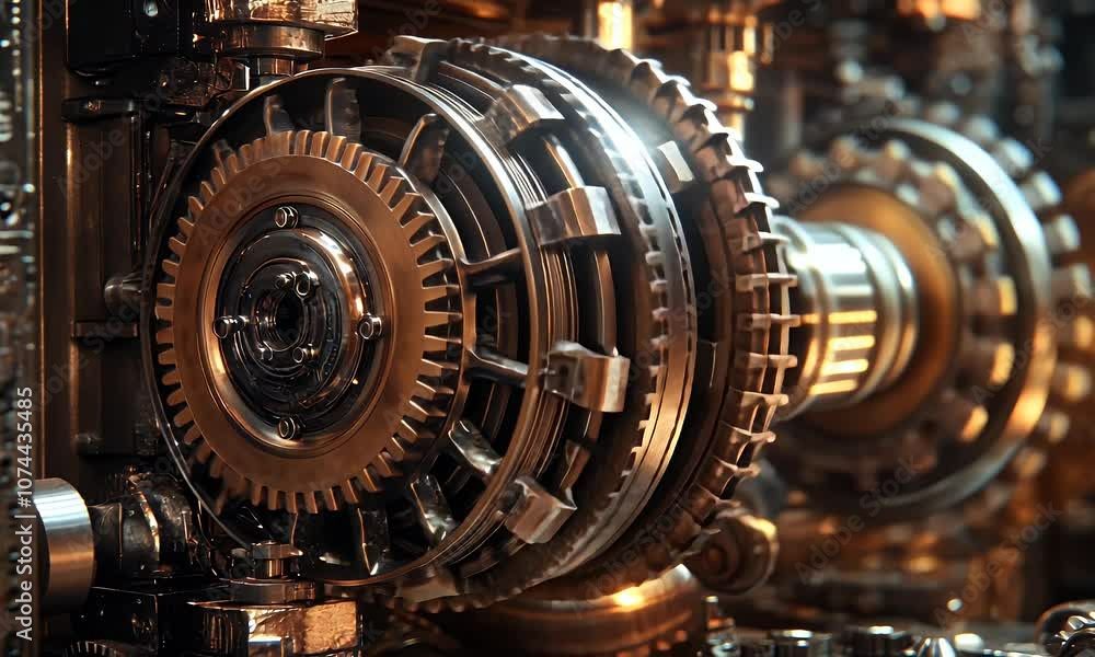 A close-up of intricate metallic gears and machinery showcasing industrial design. A close-up of intricate metallic gears and machinery showcasing industrial design.