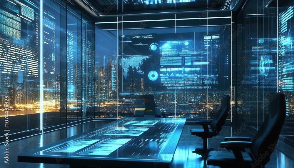 A futuristic conference room with advanced technology and a stunning city view, perfect for modern business discussions. A futuristic conference room with advanced technology and a stunning city view, perfect for modern business discussions.