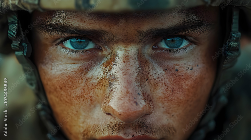 Closeup of a Soldier's Face with Blue Eyes - Realistic Image Closeup of a Soldier's Face with Blue Eyes - Realistic Image