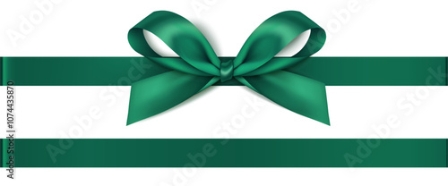 Decorative Christmas green bow with horizontal ribbon isolated on white. Beautiful new year decoration for your design. Vector stock illustration.