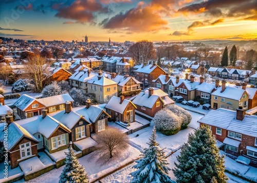 Aerial Winter Wonderland: Drone Shot Capturing Snow-Covered Suburban Homes in an English Market Town Council Estate During Christmas Season photo