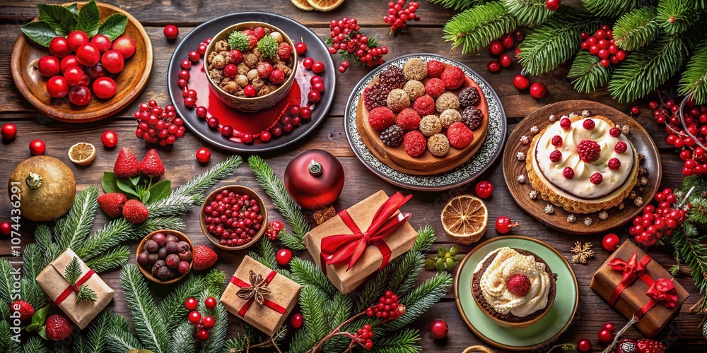 A Festive Display of Holiday Desserts Surrounded by Seasonal Decorations, Creating a Warm and Celebratory Atmosphere for Festive Gatherings and Celebrations A Festive Display of Holiday Desserts Surrounded by Seasonal Decorations, Creating a Warm and Celebratory Atmosphere for Festive Gatherings and Celebrations