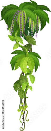 Tropical jungle forest vertical liana, vine branch. African rain forest jungle vine plant branch isolated cartoon vector line, Amazon forest nature creeper liana twig or ivy plant leaves branch