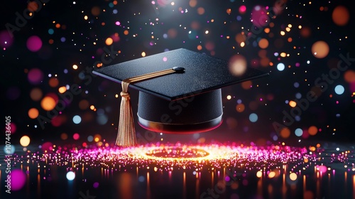 Academic hat and diploma with colorful backdrop in warm, blended shades, symbolic of success and new beginnings, festive lighting effects