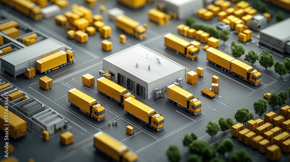 Aerial view of a logistics center with yellow trucks and containers, organized layout. Aerial view of a logistics center with yellow trucks and containers, organized layout.