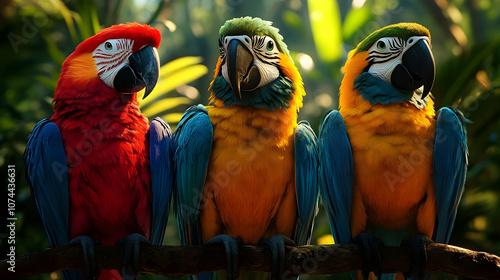 Colorful Parrots on Branch - 3D Illustration