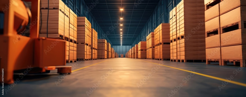 Fototapeta premium Empty warehouse with stacks of wooden pallets and a forklift, industrial setting.
