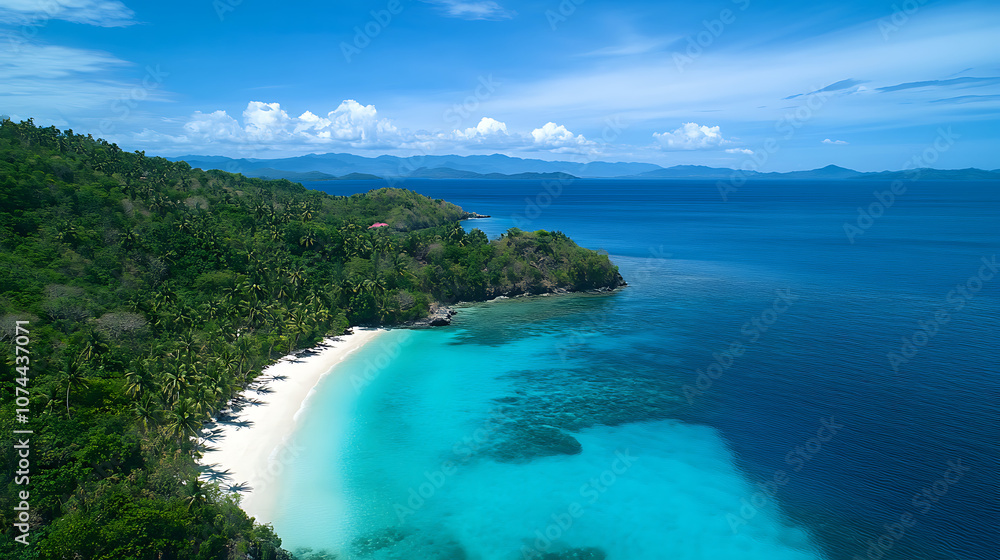 Fototapeta premium Scenic view of a secluded tropical paradise with turquoise waters, white sand, and lush green palm trees under a bright blue sky, creating a tranquil escape for travelers 