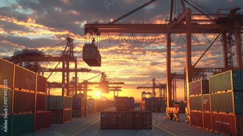 Cargo containers at sunset in a busy shipping yard, industrial landscape. photo