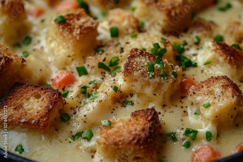 A close-up of croutons in a creamy soup. This image is perfect for food blogs, recipe websites, or any project that needs a visual representation of a delicious and comforting soup.