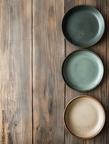 Three ceramic plates in varying colors arranged on a rustic wooden table, showcasing a minimalist design and natural textures. photo