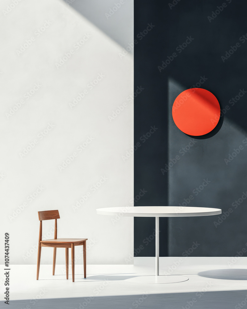 Modern minimalist interior featuring a wooden chair, round table, and vibrant red wall art Modern minimalist interior featuring a wooden chair, round table, and vibrant red wall art