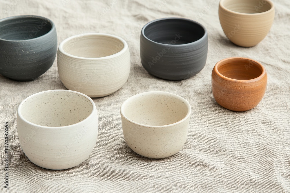 A serene arrangement of handcrafted ceramic pots in various colors and sizes, set against a textured surface, showcasing minimalist design and natural aesthetics. A serene arrangement of handcrafted ceramic pots in various colors and sizes, set against a textured surface, showcasing minimalist design and natural aesthetics.
