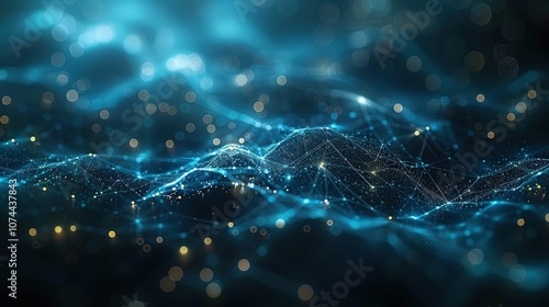 Abstract composition of glowing blue particles and interconnected lines creating a digital wave effect against a dark background, ideal for technology and science themes.