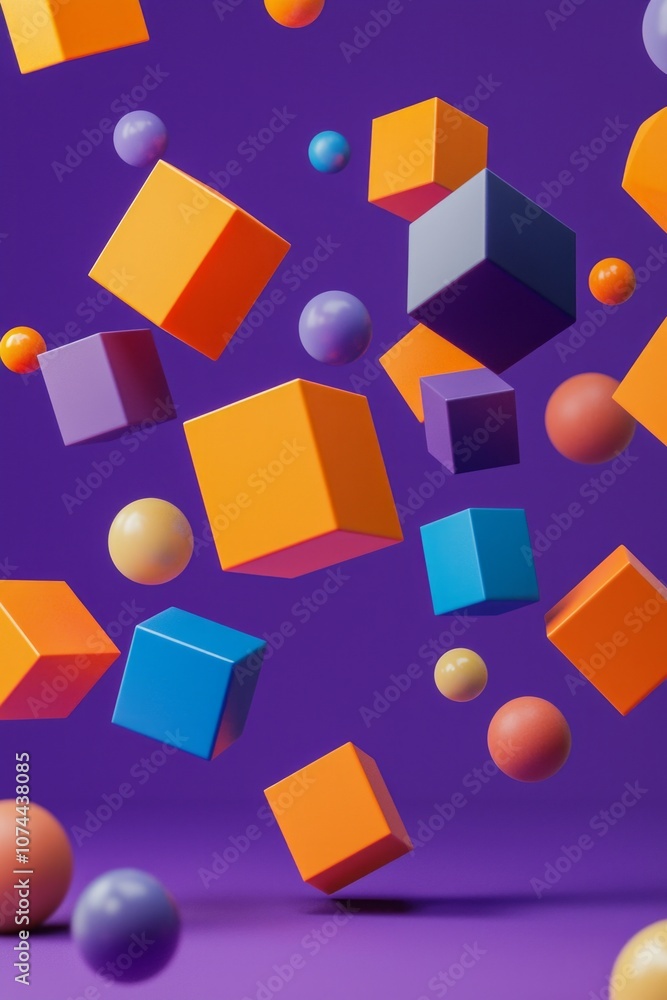 3D rendering of colorful cubes and spheres flying on a purple background. Abstract geometric composition with falling blocks in orange, blue, and violet colors. 3D rendering of colorful cubes and spheres flying on a purple background. Abstract geometric composition with falling blocks in orange, blue, and violet colors.