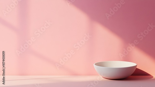 A minimalist white bowl rests on a pastel pink backdrop, enhanced by soft natural light casting gentle shadows.