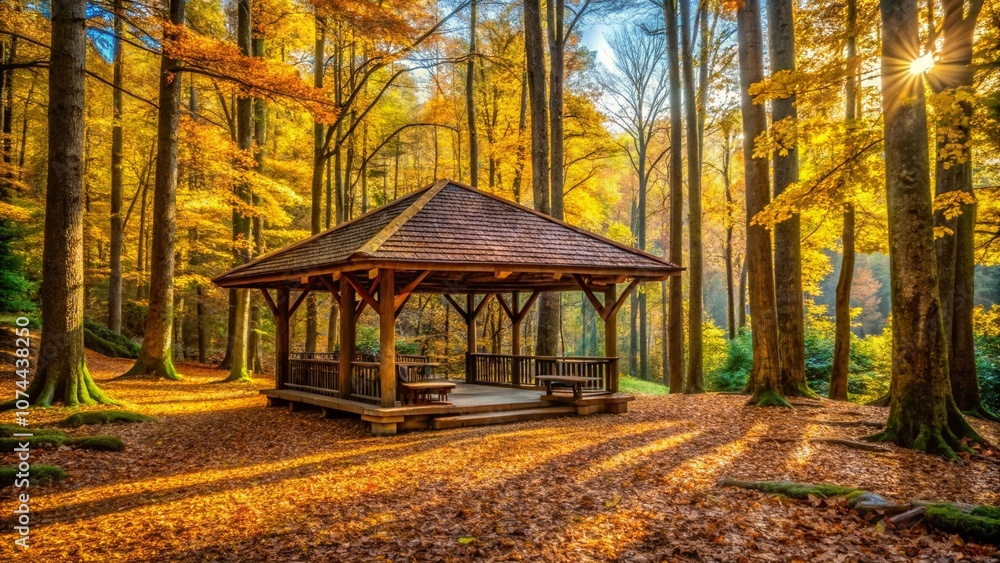 Architectural Photography of a Rustic Pavilion Surrounded by Hickory Nut Trees, Showcasing Nature's Beauty in a Harmonious Setting with Warm Light and Textures Architectural Photography of a Rustic Pavilion Surrounded by Hickory Nut Trees, Showcasing Nature's Beauty in a Harmonious Setting with Warm Light and Textures