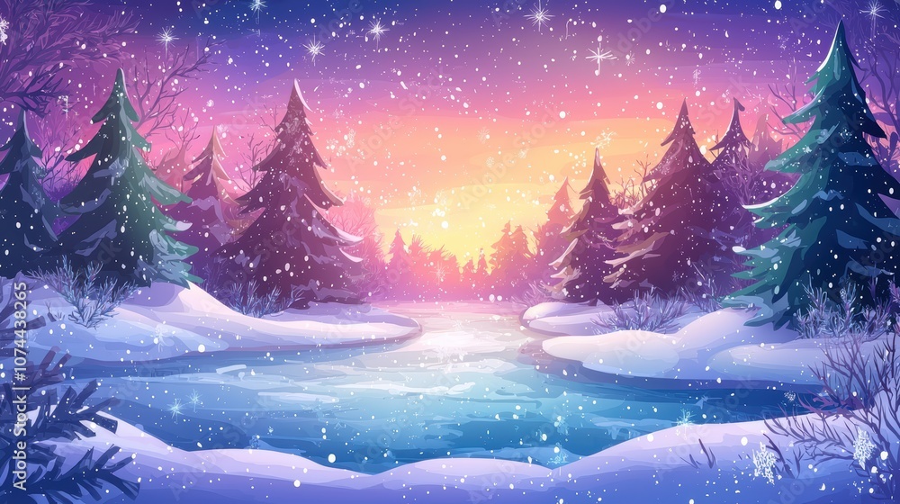 Naklejka premium Winter Wonderland: Majestic Christmas Nature Scene with Frozen River and Snow-Covered Hills