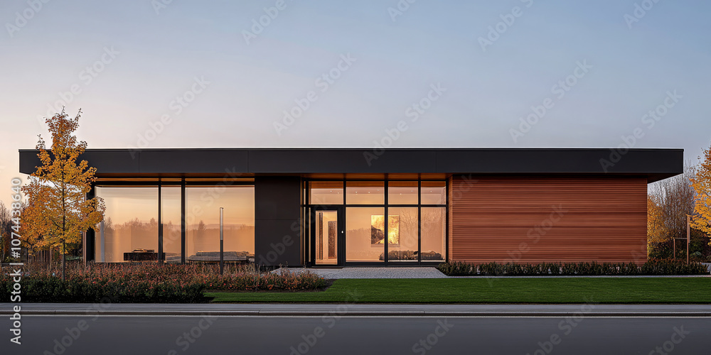 Fototapeta premium Modern single-story home with large windows at sunset, showcasing minimalist architectural design