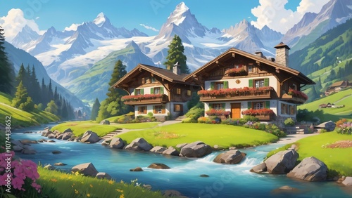 Alpine Village with River and Mountain Peaks