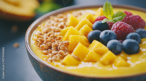 Healthy Mango Smoothie Bowl Topped with Fresh Berries and Crunchy Granola