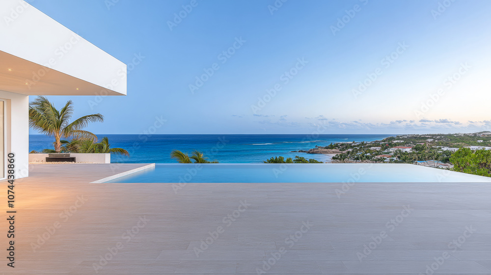 Naklejka premium Stunning ocean view from a modern villa with infinity pool at sunset