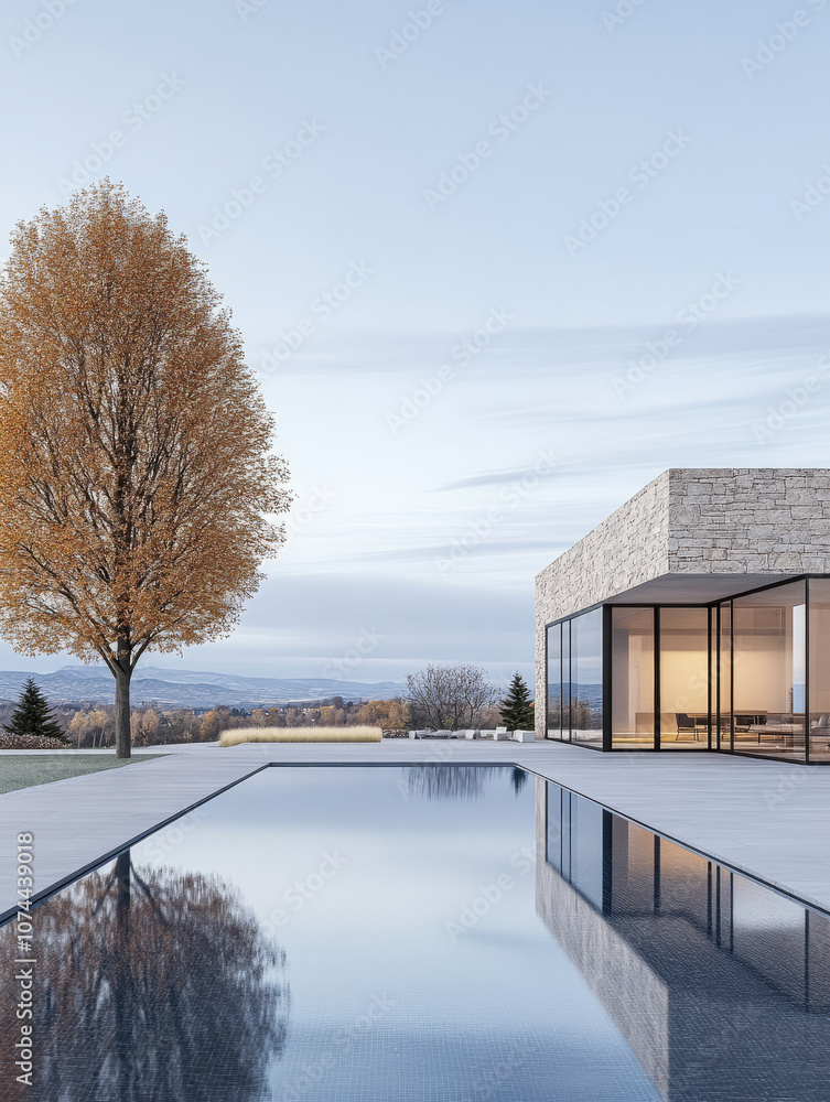 Modern architectural design of a house with a reflective pool in a rural setting at dusk Modern architectural design of a house with a reflective pool in a rural setting at dusk