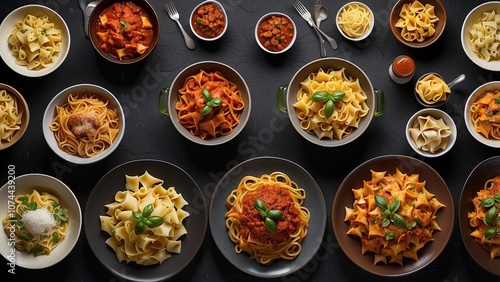 asta. Italian pasta dishes, including spaghetti Bolognese, tortellini, penne with chicken, and ravioli, are seen from abov photo