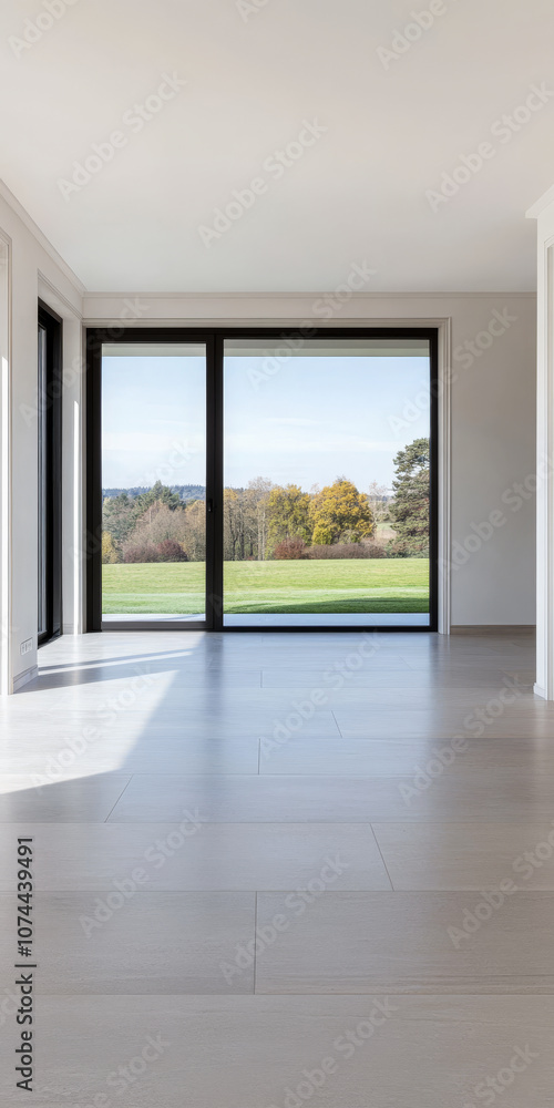 Fototapeta premium Bright and spacious interior with large windows showcasing a serene landscape in daylight