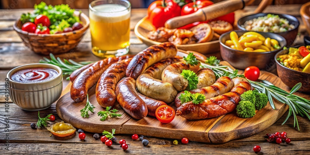 Assorted Grilled Sausages with Condiments and Sides on a Wooden Board Celebrating Oktoberfest in Germany - A Joyful Gathering of Food, Beer, and Heritage Assorted Grilled Sausages with Condiments and Sides on a Wooden Board Celebrating Oktoberfest in Germany - A Joyful Gathering of Food, Beer, and Heritage