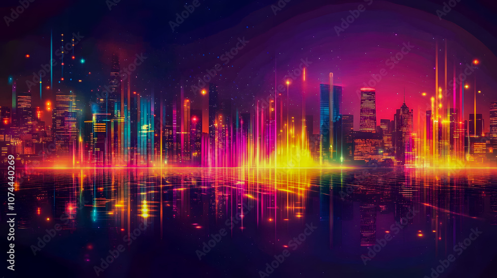Stunning Evening Cityscape with Vibrant Colors and Bright Lights Reflecting on Water, Showcasing the Urban Skyline in a Beautifully Abstract Style Stunning Evening Cityscape with Vibrant Colors and Bright Lights Reflecting on Water, Showcasing the Urban Skyline in a Beautifully Abstract Style
