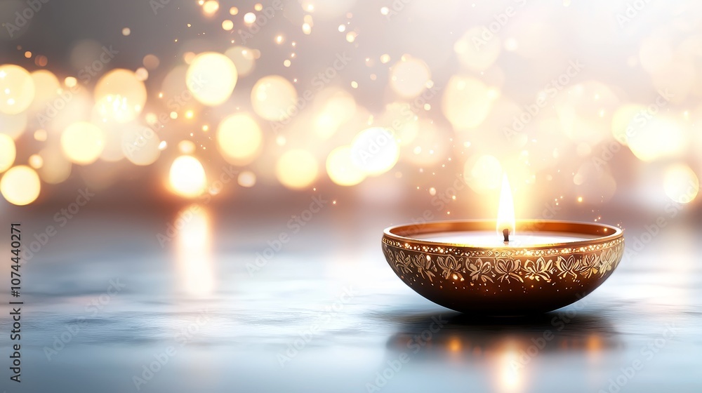 Warm diya candle with soft glowing flame, detailed festive decorations around, peaceful Diwali ambiance, subtle bokeh light touches Warm diya candle with soft glowing flame, detailed festive decorations around, peaceful Diwali ambiance, subtle bokeh light touches