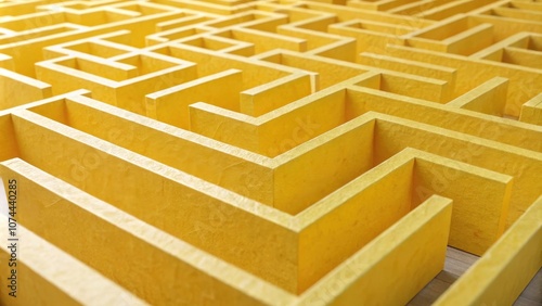 A close-up view of a yellow cardboard maze, highlighting the intricate design and the challenging nature of finding the exit.