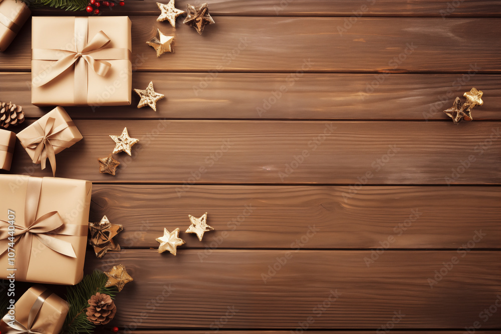 Rustic Christmas Gift Arrangement on Wooden Background - Space for Text Rustic Christmas Gift Arrangement on Wooden Background - Space for Text