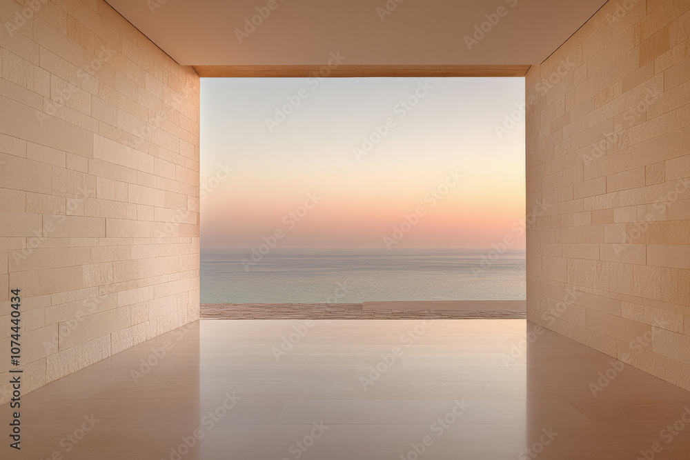 Serene coastal view at sunset from a minimalist architectural space overlooking the ocean Serene coastal view at sunset from a minimalist architectural space overlooking the ocean