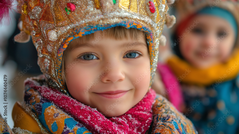 Smiling Child in Colorful Winter Attire and Crown Outdoors Smiling Child in Colorful Winter Attire and Crown Outdoors