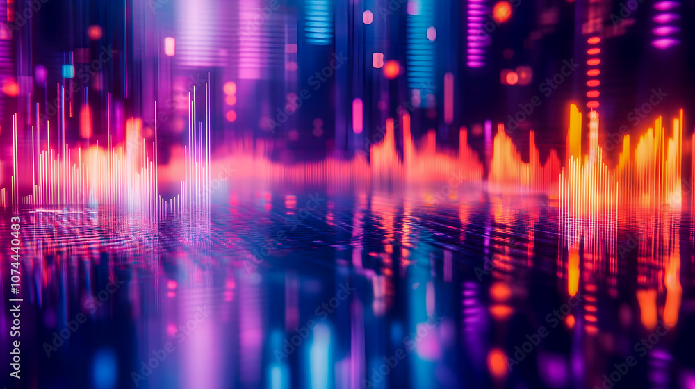 Abstract Visualization of Sound Waves in Vibrant Colors with Reflections and Light Effects for Artistic and Musical Backgrounds Abstract Visualization of Sound Waves in Vibrant Colors with Reflections and Light Effects for Artistic and Musical Backgrounds