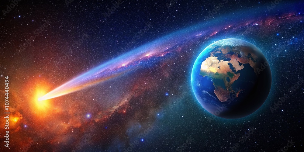 Obraz premium A Stunning Glyph Illustrating the Graceful Arc of a Comet Passing by Earth, Capturing the Beauty of Celestial Events with Vibrant Colors and Detailed Design for Cosmic Enthusiasts