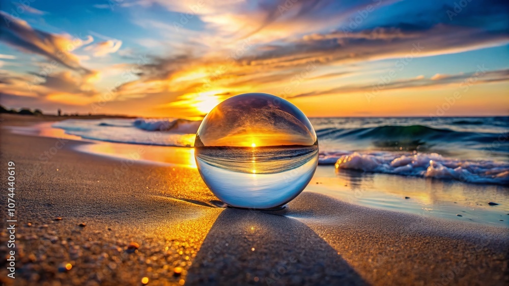 A Stunning Portrait of a Glass Ball Reflecting the Vibrant Sunrise Over the Serene Sea, Capturing the Beauty of Nature's Colors and Tranquility at Dawn A Stunning Portrait of a Glass Ball Reflecting the Vibrant Sunrise Over the Serene Sea, Capturing the Beauty of Nature's Colors and Tranquility at Dawn