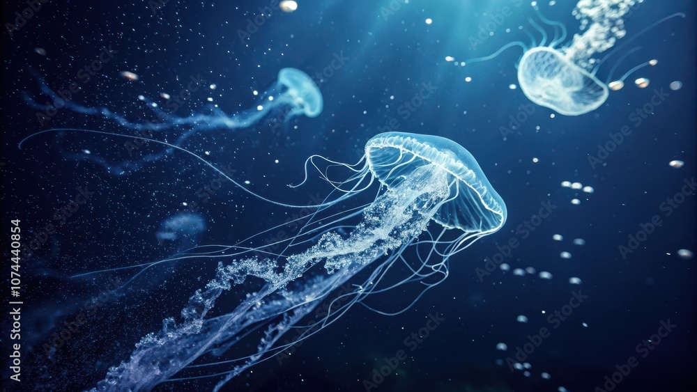 A translucent jellyfish with long tentacles gracefully glides through the deep blue water, illuminated by a beam of sunlight, creating a mesmerizing spectacle of marine life. A translucent jellyfish with long tentacles gracefully glides through the deep blue water, illuminated by a beam of sunlight, creating a mesmerizing spectacle of marine life.